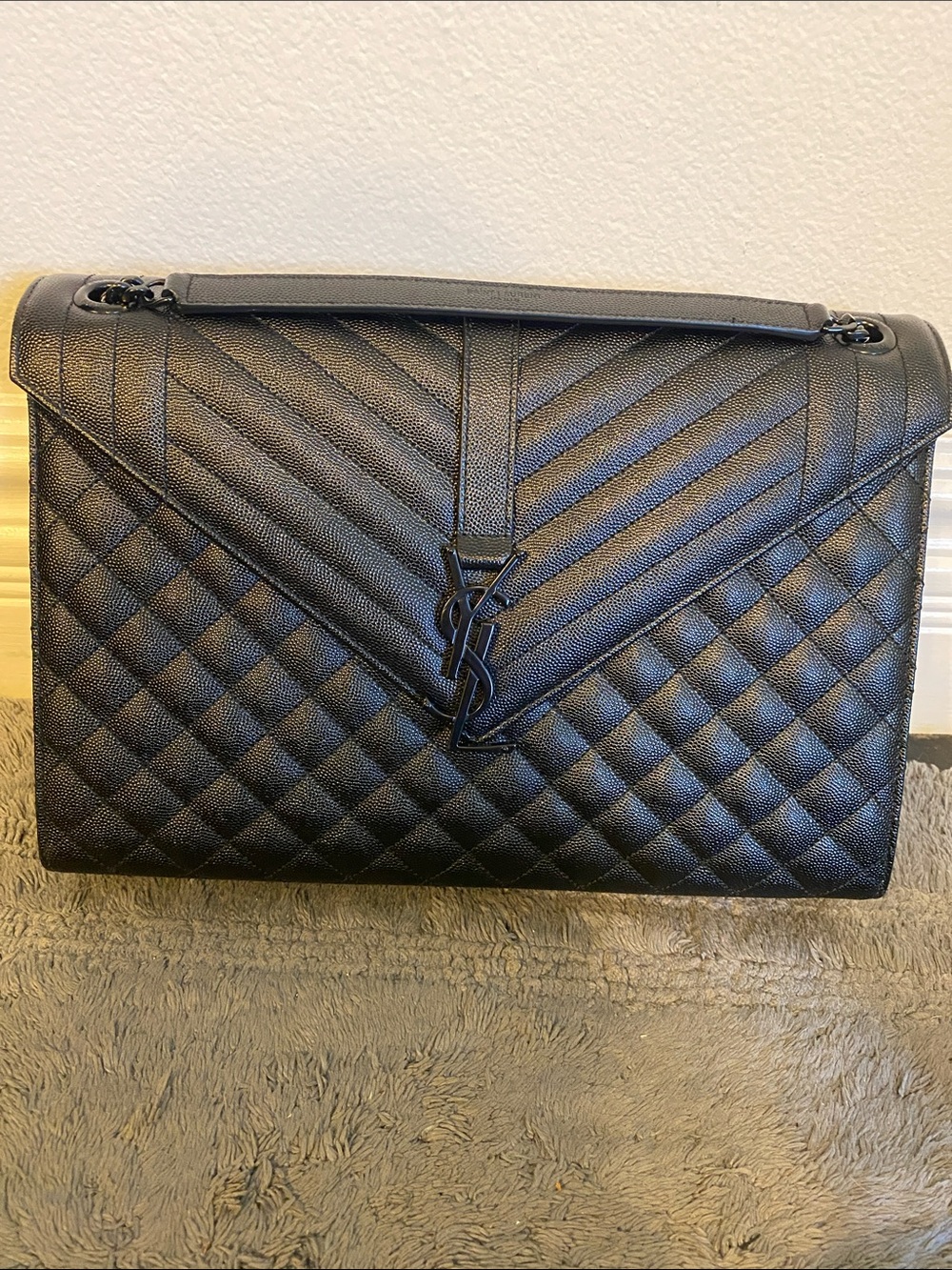 Saint Laurent Black Quilted Chevron Envelope Shoulder Bag with YSL Logo large